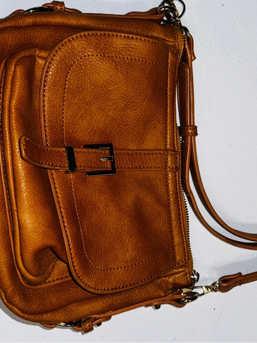 Urban Expressions Tan Leather Crossbody Bag with Buckle Accent